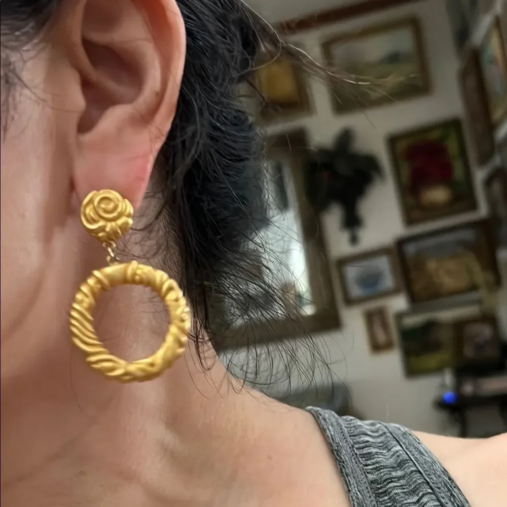Gold Textured Hoop Earrings with Rosette Studs
